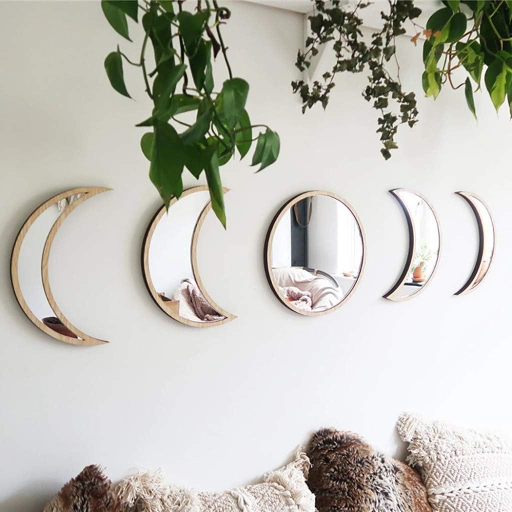 Scandinavian Decor 5 - Piece Acrylic Wall Decor - Wooden Moon Phase Mirror, Bohemian Design for Living Room, Bedroom - Beige - Homesidy.com