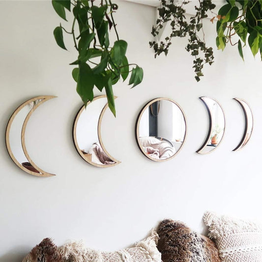 Scandinavian Decor 5 - Piece Acrylic Wall Decor - Wooden Moon Phase Mirror, Bohemian Design for Living Room, Bedroom - Beige - Homesidy.com