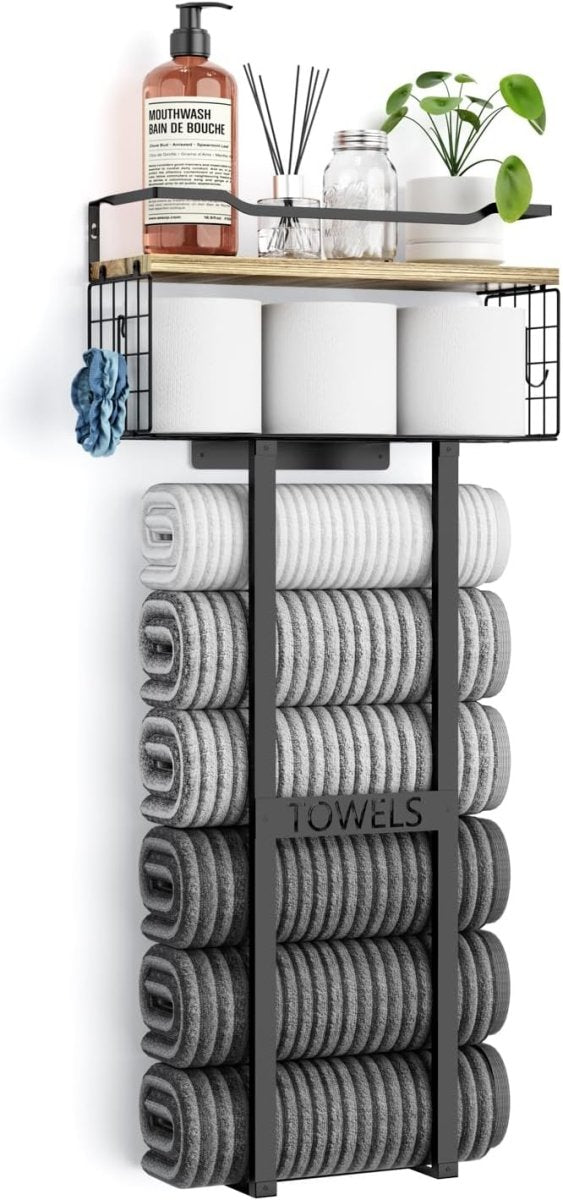 Aetyord Towel Racks for Bathroom 31inch Wall Mounted Towel Rack,Floating Shelf with Wood Plank,Towel Storage for Bathroom can Holds 6 Large Rolled Towels,All Black - Homesidy.com