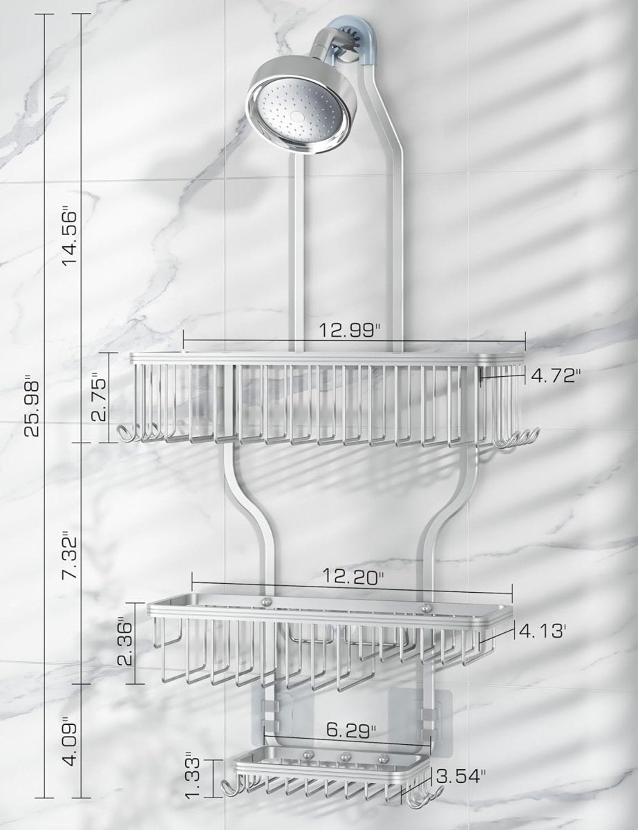 YASONIC Shower Caddy Hanging - Never Rust Shower Organizer - Aluminum Over The Head Caddy with 10 Hooks for Razor/Sponge - Rack with Soap Basket - Silver - Homesidy.com