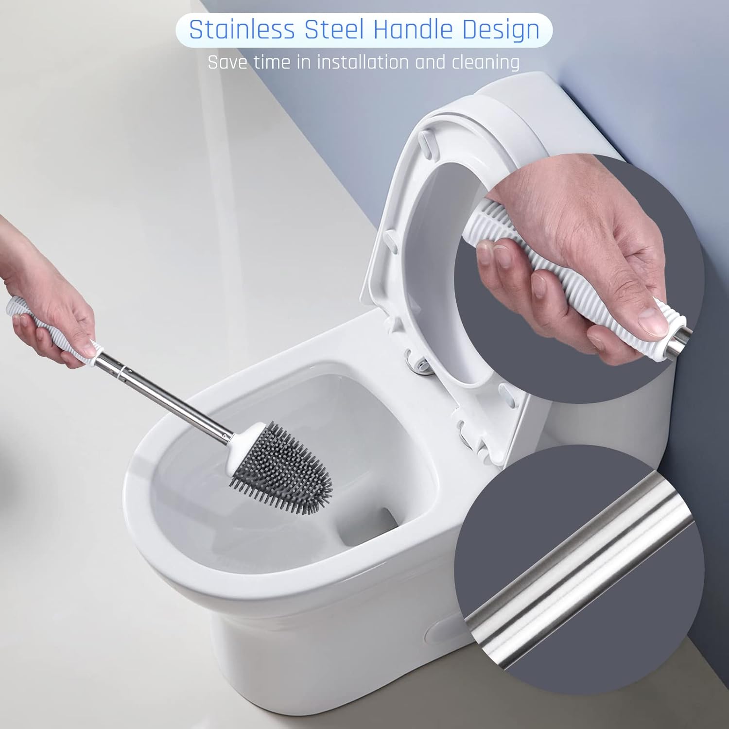 Sellemer Toilet Brush and Holder Set - Flexible Toilet Bowl Brush Head with Silicone Bristles, Compact Size for Storage and Organization, Ventilation Slots Base (1 Pack, Silver) - Homesidy.com
