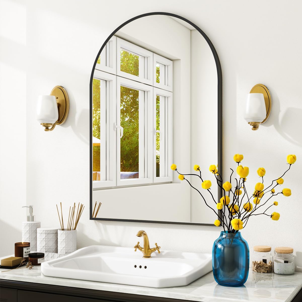 VooBang Arched Wall Mirror, 30 x 38 inch Arch Bathroom Mirror, Wall Mounted Vanity Mirror with Arch Metal Frame, Modern Bathroom Vanity Mirror for Bedroom, Living Room, Hanging or Leaning, Black - Homesidy.com