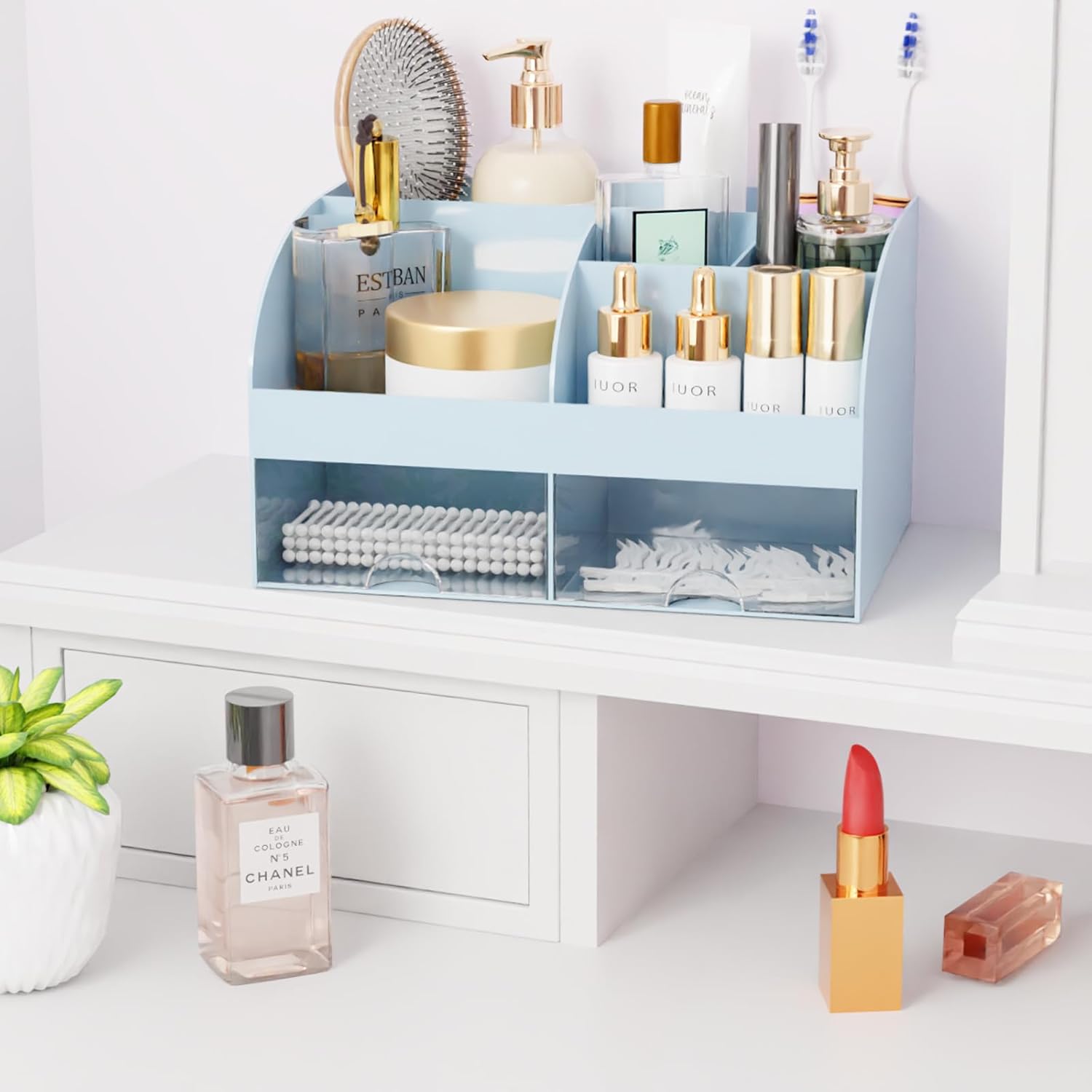Makeup Organizer with Drawers, Cosmetic Storage for Dresser Vanity and Bathroom Countertop, Beauty Holder for Lipstick Brush, Skincare Organizer for Vanity, Cosmetic Display Case (White) - Homesidy.com