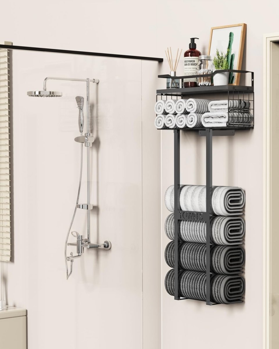 Aetyord Towel Racks for Bathroom 31inch Wall Mounted Towel Rack,Floating Shelf with Wood Plank,Towel Storage for Bathroom can Holds 6 Large Rolled Towels,All Black - Homesidy.com