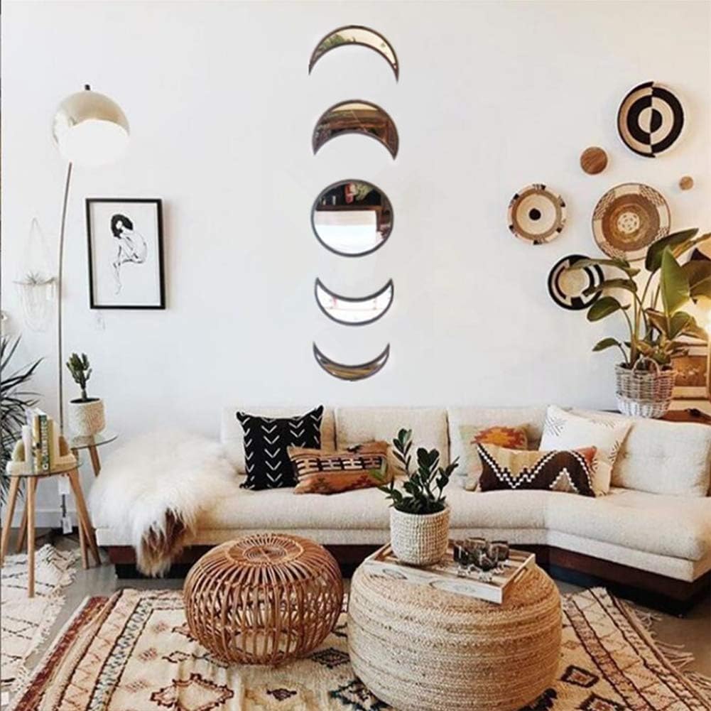 Scandinavian Decor 5 - Piece Acrylic Wall Decor - Wooden Moon Phase Mirror, Bohemian Design for Living Room, Bedroom - Beige - Homesidy.com