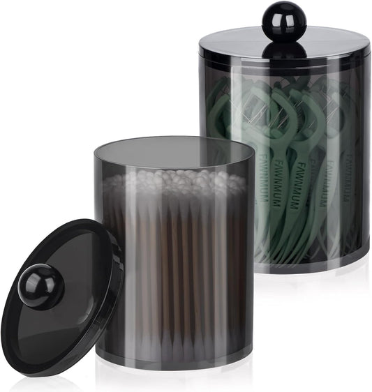 XIPENGKEJI 2 Pack Qtip Holder,Canister Apothecary Jar Set, Bathroom Jars with Lids Set for Cotton Swabs, Balls, Pads, Floss Picks,10oz - 12oz Plastic Canisters Restroom Bedroom Vanity Organizer(Black) - Homesidy.com