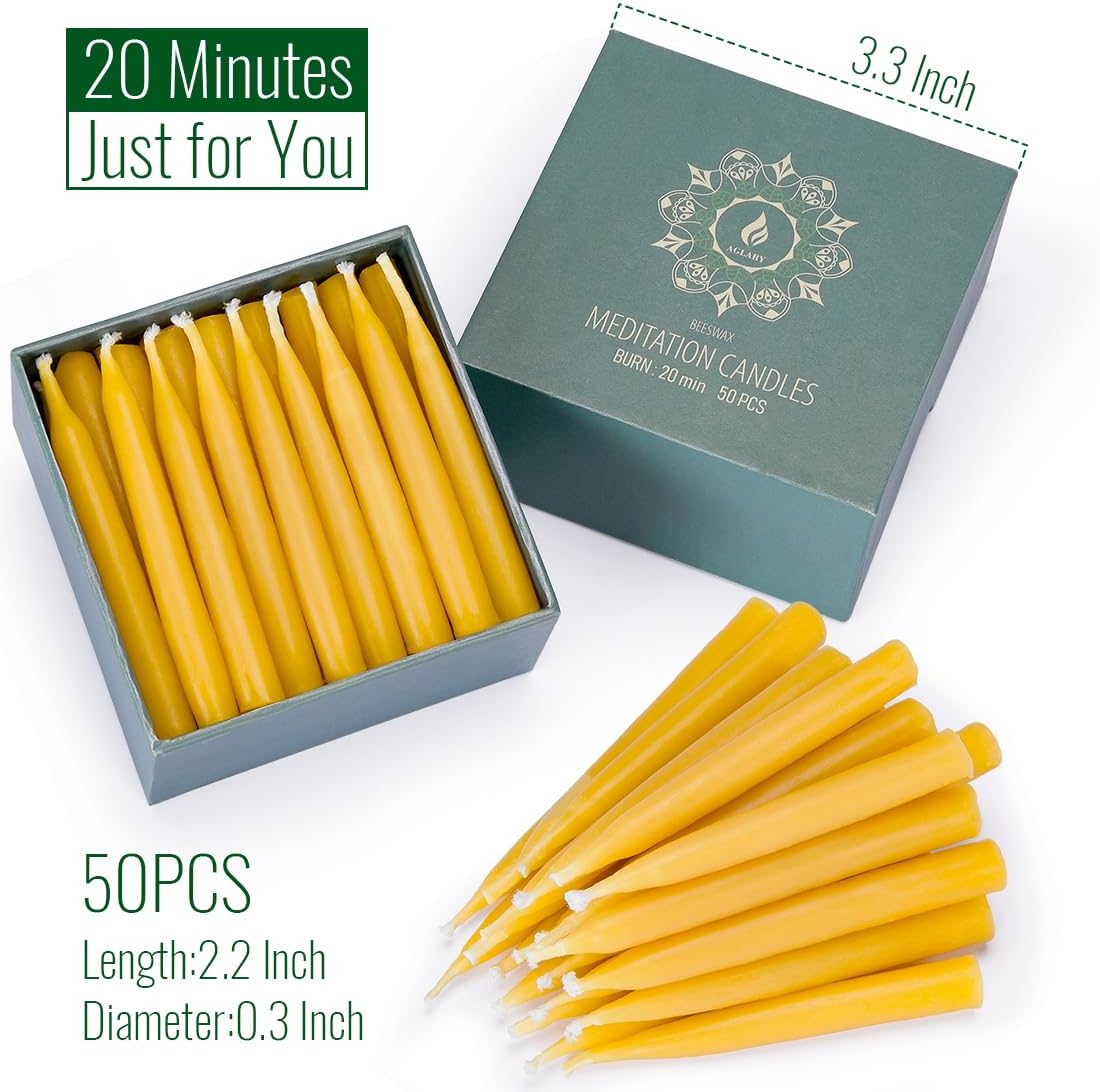20 Minute Pure Beeswax Candles, Drip - Free Meditation Candles, Mini Taper Candles, Set of 50 Without Brass Candle Holders - Homesidy.com