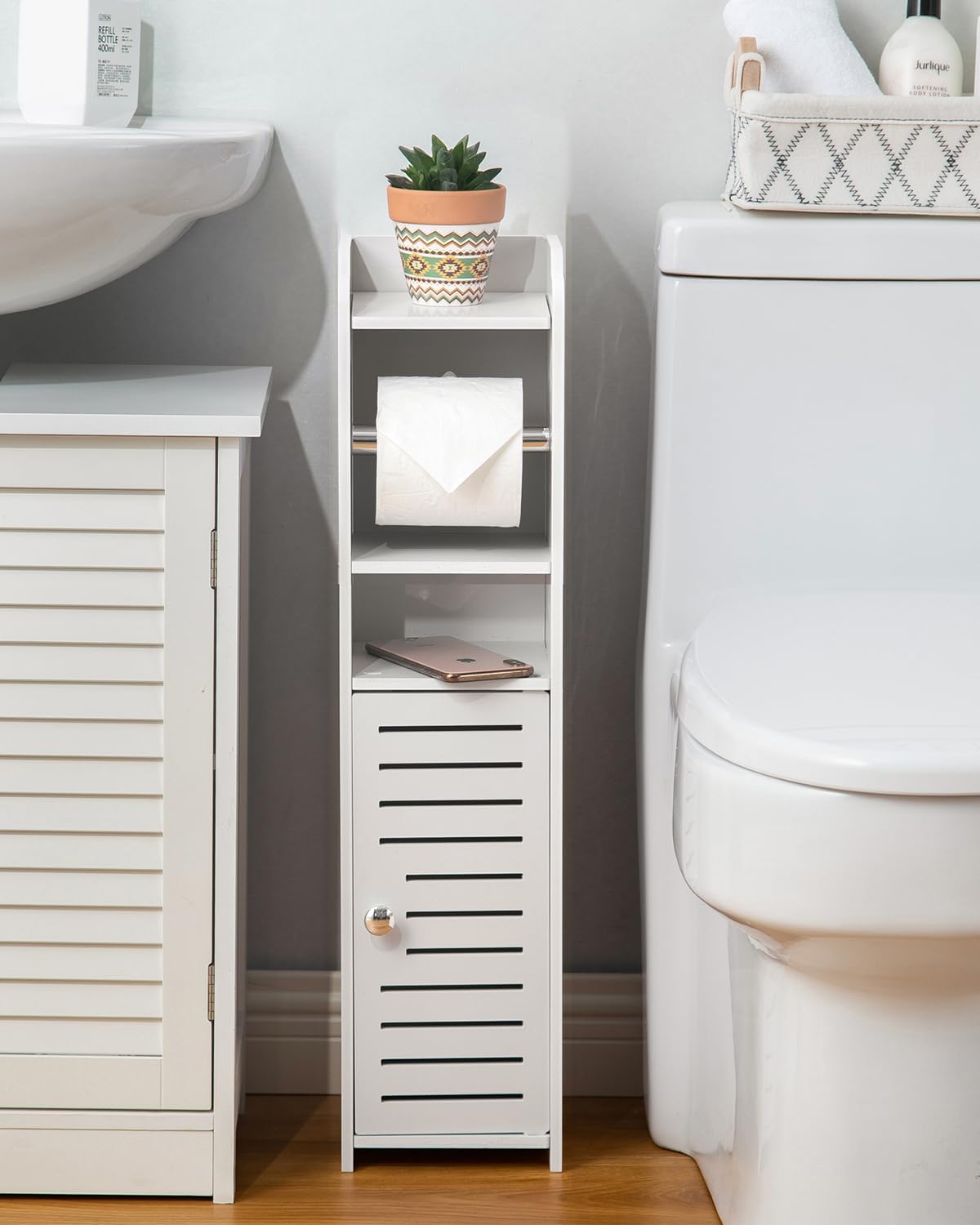 AOJEZOR Toilet Paper Holder Stand: No Drill PVC Small Bathroom Cabinet for Apartment Dwellers - Rental Deposit Protection - Small Space Storage Saving - Homesidy.com