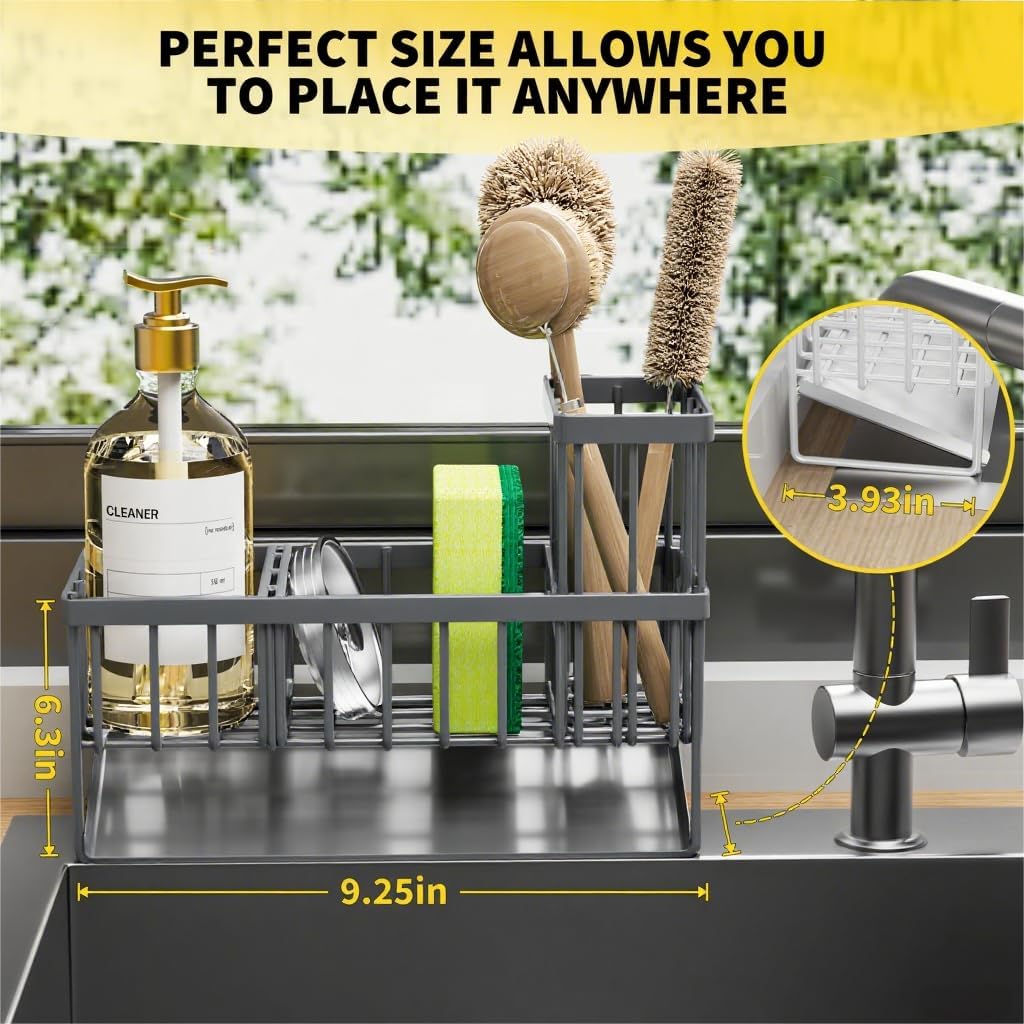 Cisily Kitchen Sink Caddy Organzier with High Brush Holder, Sponge Holder for Sink, 304 Rustproof Stainless, Kitchen Countertop Soap Dispenser Organizer, Kitchen Decor and Accessories - Homesidy.com