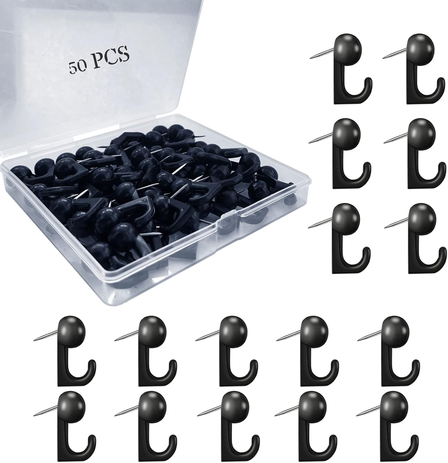 50 PCS Push Pin Hooks, Plastic Heads Cork Board Hooks Decorative Thumb Tacks Hook for Photo Wall, Bulletin Board, Home Wall, Home Office School Supplies (Black and Clear) - Homesidy.com