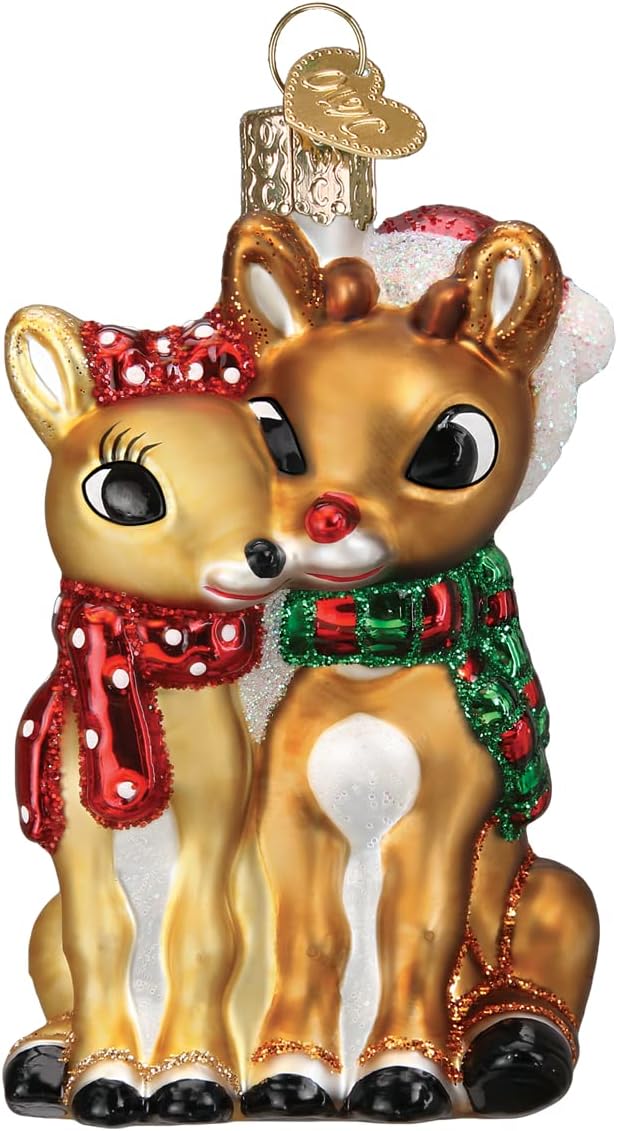 Old World Christmas Rudolph and Clarice Glass Blown Ornament for Christmas Tree, Handcrafted Holiday Decoration, Rudolph Collection - Homesidy.com