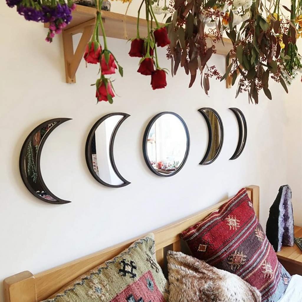Scandinavian Decor 5 - Piece Acrylic Wall Decor - Wooden Moon Phase Mirror, Bohemian Design for Living Room, Bedroom - Beige - Homesidy.com