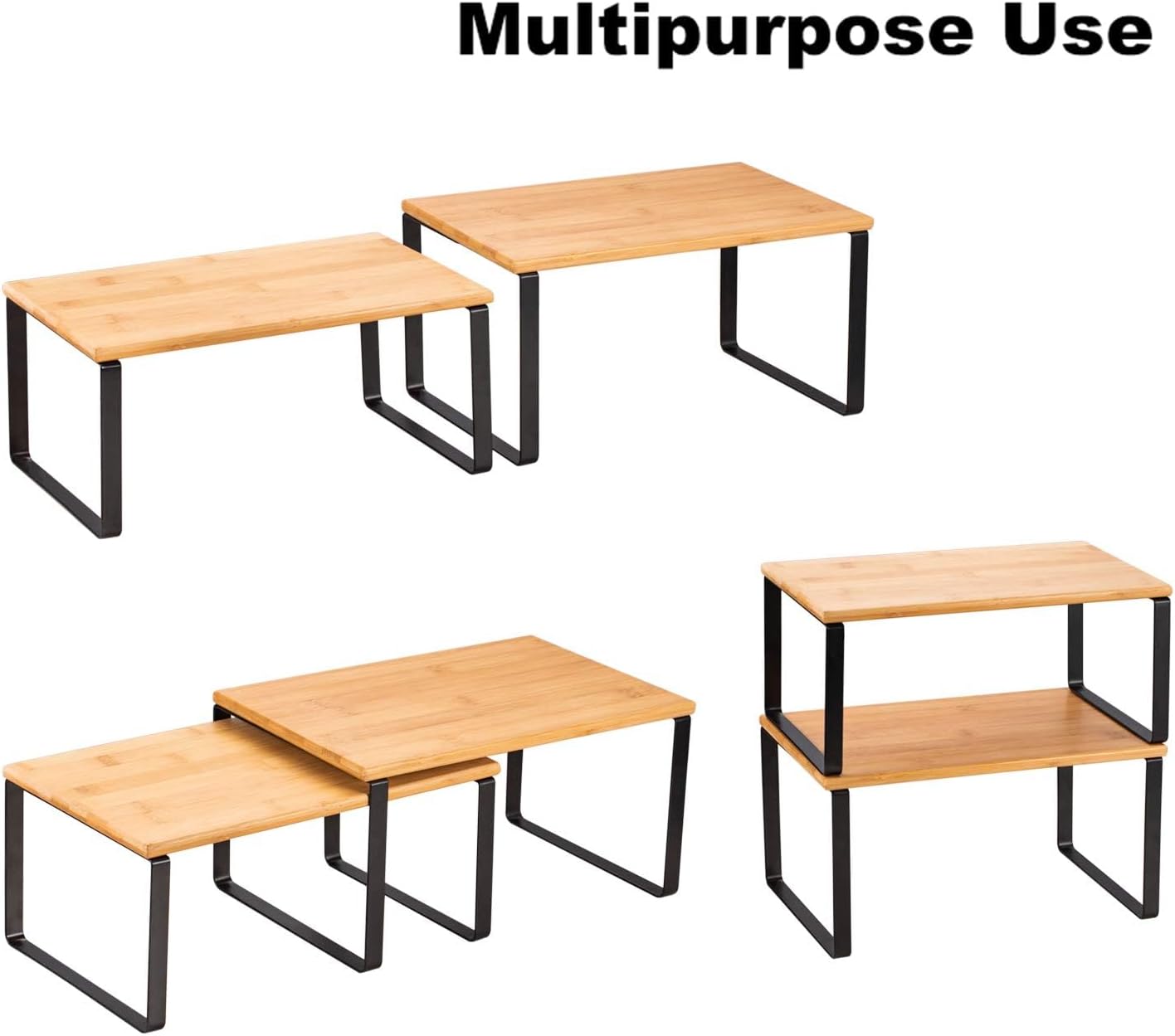 NEX Bamboo Kitchen Cabinet and Counter Shelf Organizer, Stackable &amp; Expandable, Set of 4, White and Natural - Homesidy.com