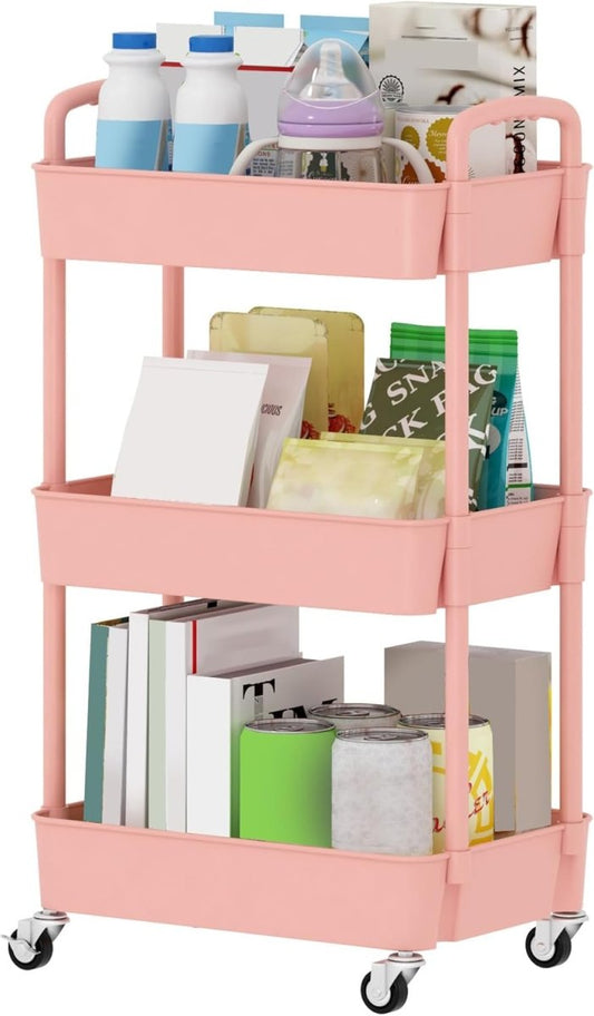 Sywhitta 3 - Tier Plastic Rolling Utility Cart with Handle, Multi - Functional Storage Trolley for Office, Living Room, Kitchen, Movable Storage Organizer with Wheels, White - Homesidy.com