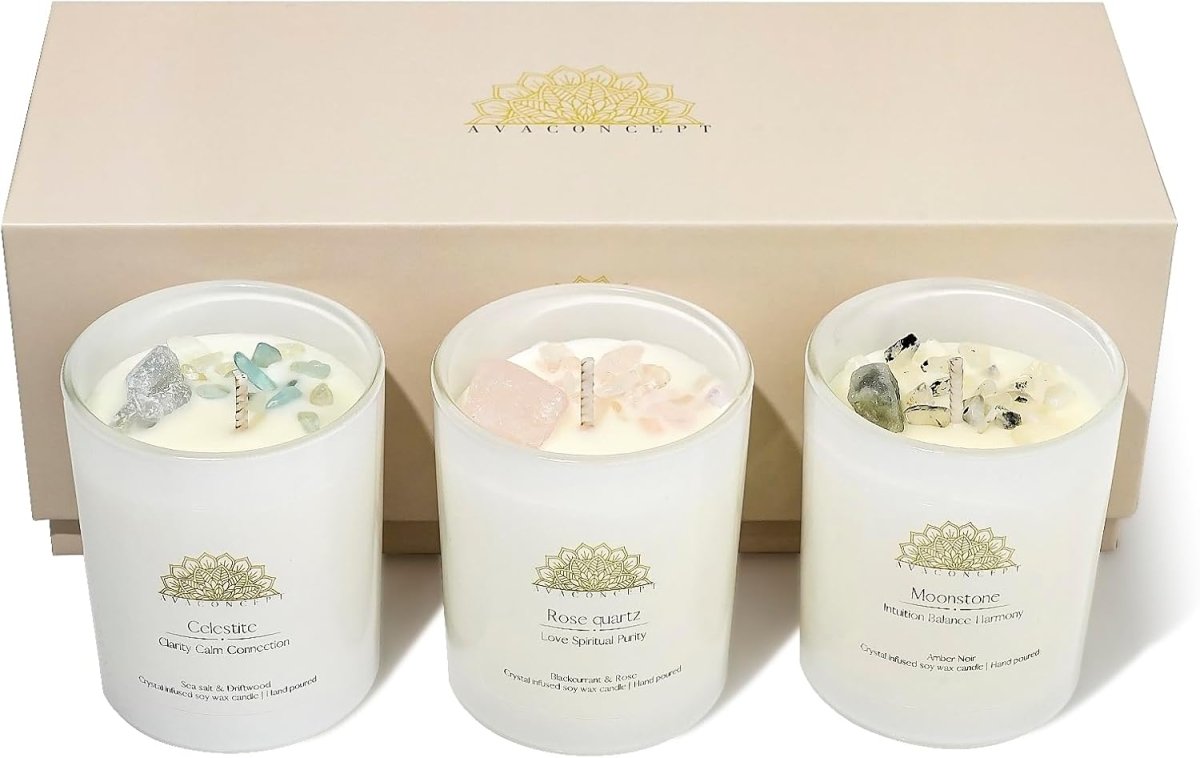 ava concept - Soy Candles with Crystals - Aromatherapy Scented Candle for Women - Lavender Vanilla Gift Set - Small Wax Melts - 3 Pack 3.5oz - Homesidy.com