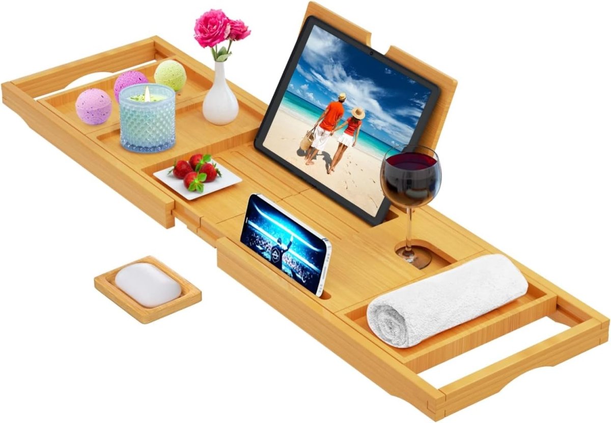 Premium Bamboo Bathtub Tray Caddy - Bath Tub Tray Table for Bathtub - Bath Caddy Tray for Bathtub, Expandable Size, Fits Most Bath Tubs - Homesidy.com