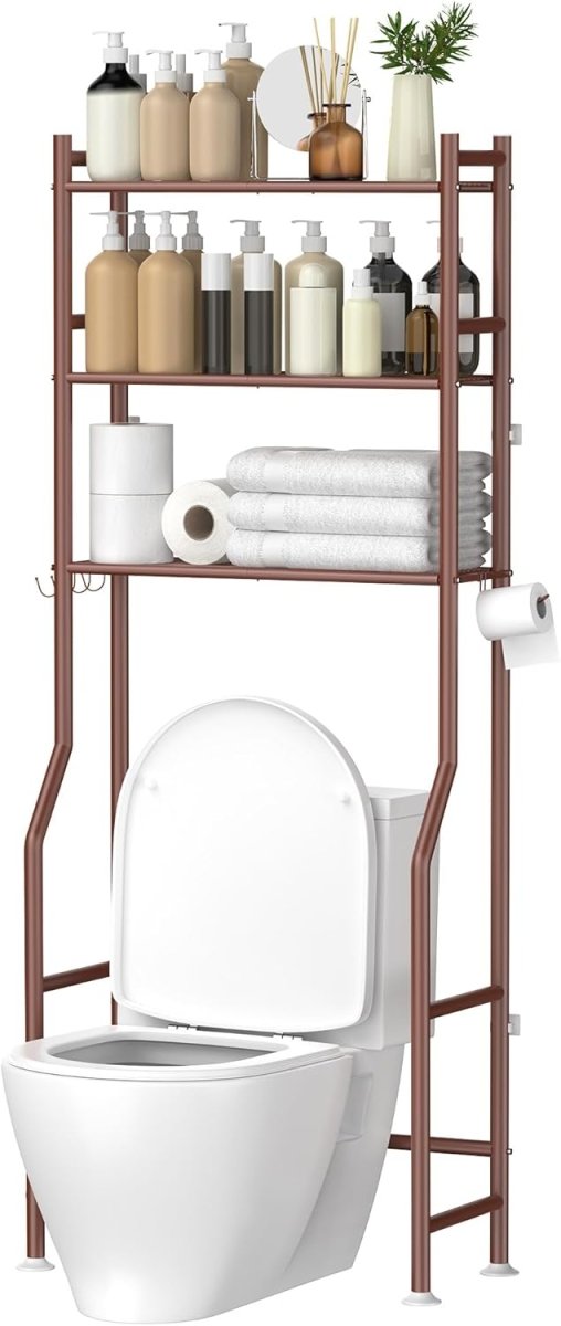 GloTika 3 - Tier Over The Toilet Storage, Space Saver Metal Bathroom Shelves, Freestanding Above Over Toilet Storage Shelf with 4 Hooks for Bathroom, Black - Homesidy.com