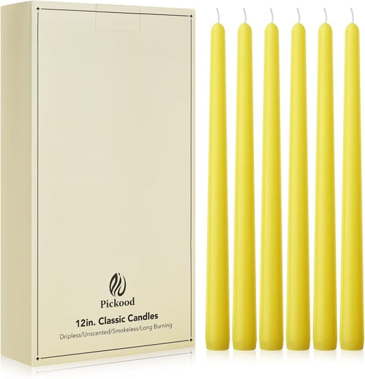 Pickood New Burning Formula Unscented Dripless 10 - Inch Taper Candles Set of 12 - Gold, for Wedding, Dinner - Smokeless, Long Burning - Hand Poured, Colored Tall Candlesticks - Oro - Homesidy.com