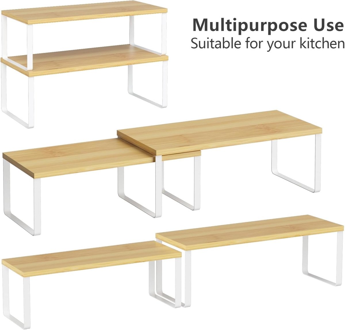 NEX Bamboo Kitchen Cabinet and Counter Shelf Organizer, Stackable &amp; Expandable, Set of 4, White and Natural - Homesidy.com