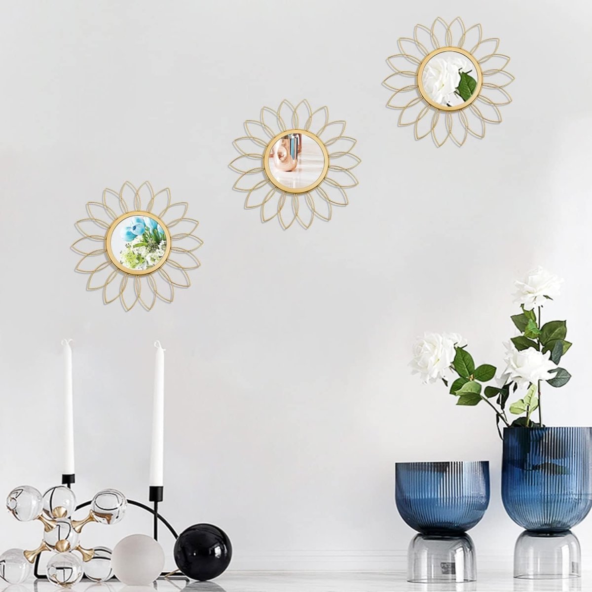 3 Pack Metal Mirrors for Wall Sunburst Wall Mirrors Home Décor Decorative Hanging Wall Art for Living Room Bedroom Entryway (Gold, Flower Sunburst) - Homesidy.com
