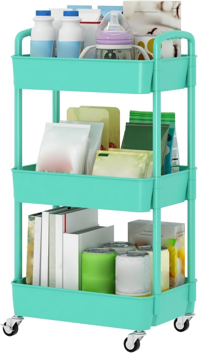 Sywhitta 3 - Tier Plastic Rolling Utility Cart with Handle, Multi - Functional Storage Trolley for Office, Living Room, Kitchen, Movable Storage Organizer with Wheels, White - Homesidy.com