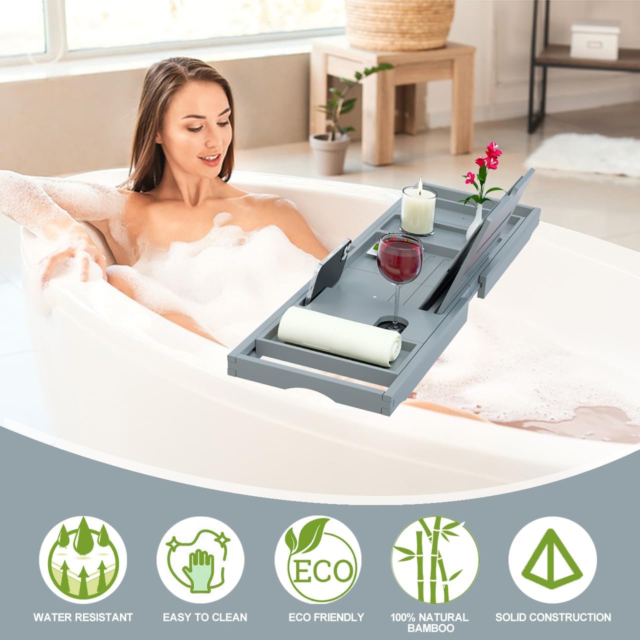 Premium Bamboo Bathtub Tray Caddy - Bath Tub Tray Table for Bathtub - Bath Caddy Tray for Bathtub, Expandable Size, Fits Most Bath Tubs - Homesidy.com