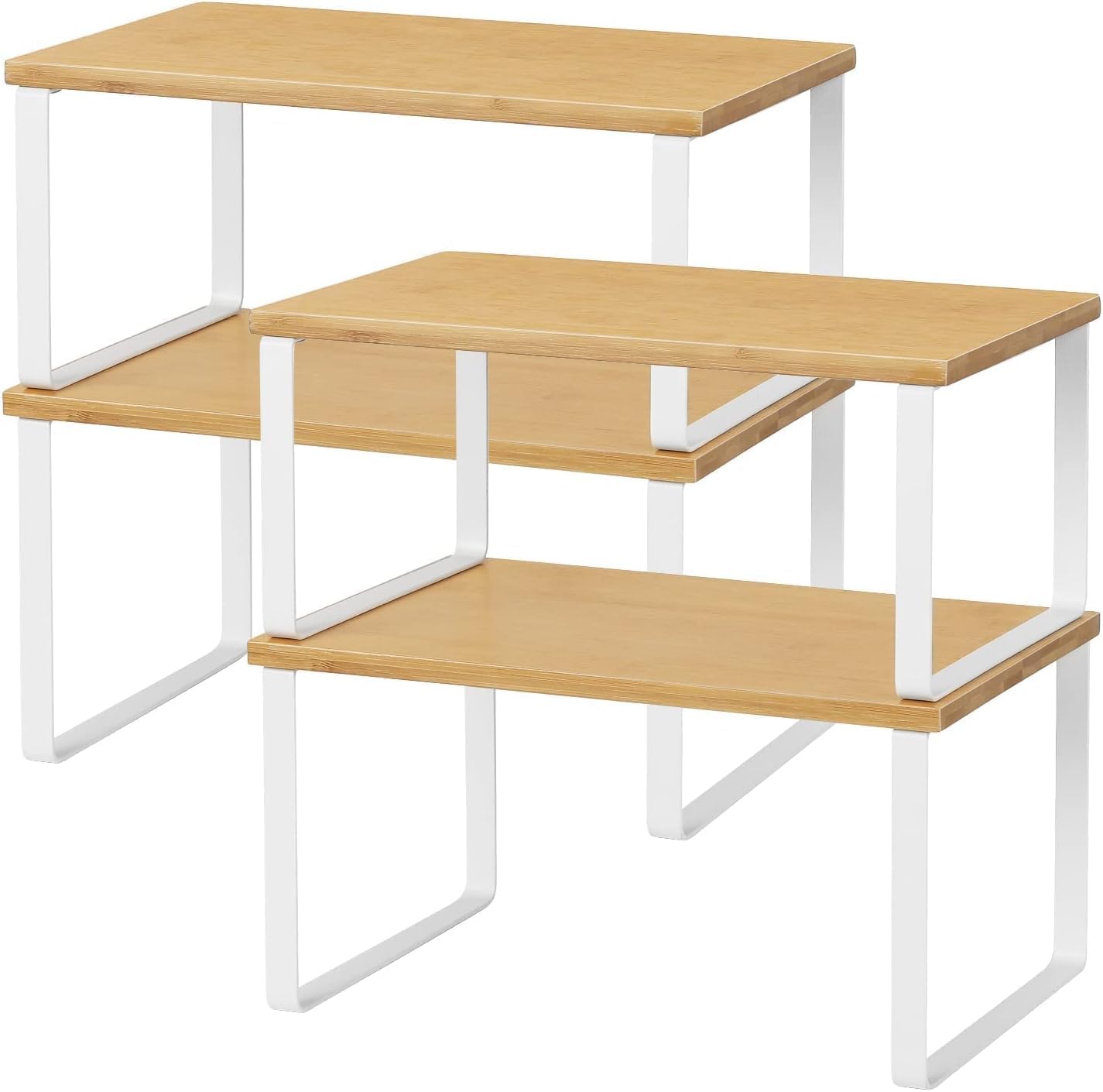 NEX Bamboo Kitchen Cabinet and Counter Shelf Organizer, Stackable &amp; Expandable, Set of 4, White and Natural - Homesidy.com