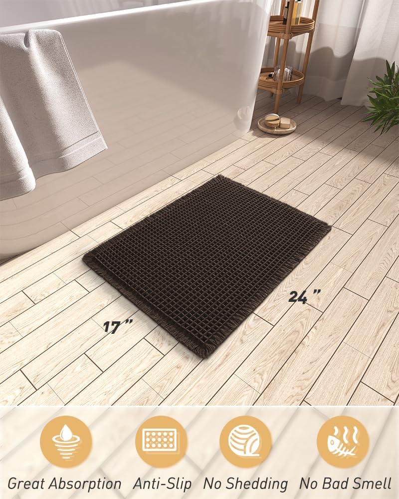 AMOAMI Upgraded Waffle Bath Mat, Super Absorbent Non Slip Bath Mats for Bathroom Floor, Machine Washable Bathroom Rugs with Tassels, Rubber Backed Bathroom Mats, Ultra Soft, 18&34; x 30&34;, Brown - Homesidy.com