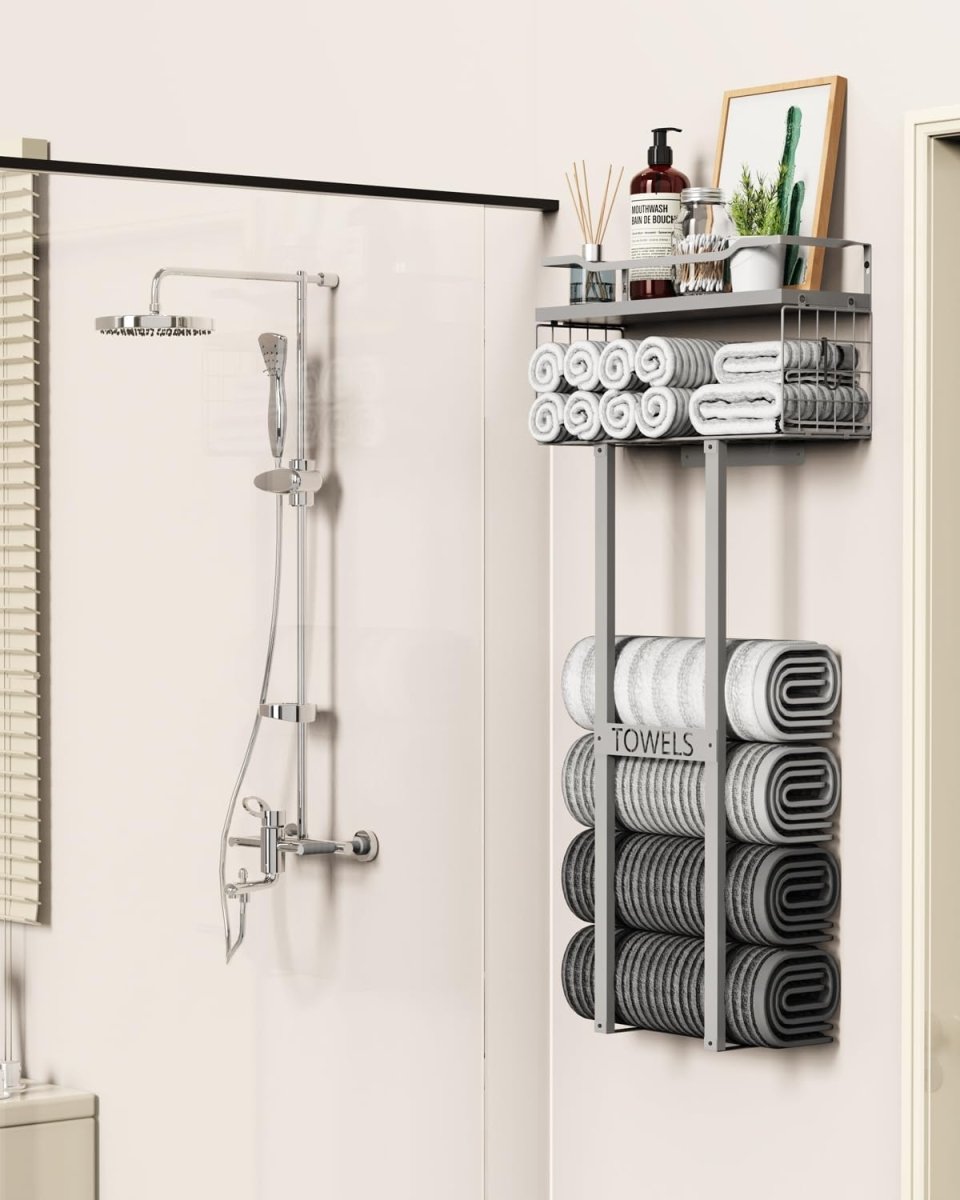 Aetyord Towel Racks for Bathroom 31inch Wall Mounted Towel Rack,Floating Shelf with Wood Plank,Towel Storage for Bathroom can Holds 6 Large Rolled Towels,All Black - Homesidy.com