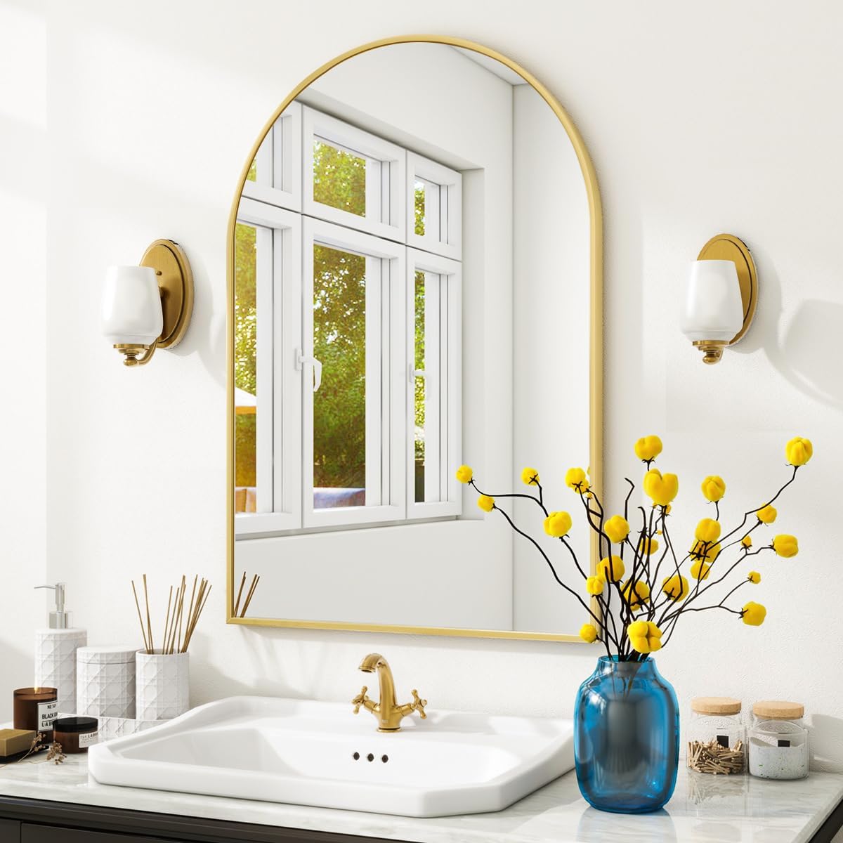 VooBang Arched Wall Mirror, 30 x 38 inch Arch Bathroom Mirror, Wall Mounted Vanity Mirror with Arch Metal Frame, Modern Bathroom Vanity Mirror for Bedroom, Living Room, Hanging or Leaning, Black - Homesidy.com