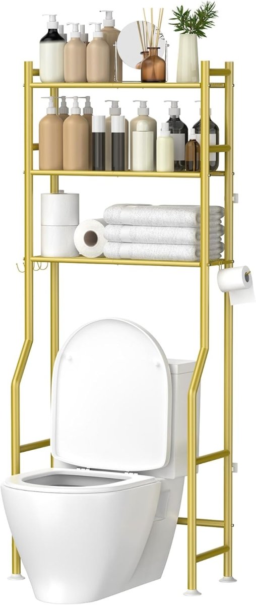 GloTika 3 - Tier Over The Toilet Storage, Space Saver Metal Bathroom Shelves, Freestanding Above Over Toilet Storage Shelf with 4 Hooks for Bathroom, Black - Homesidy.com