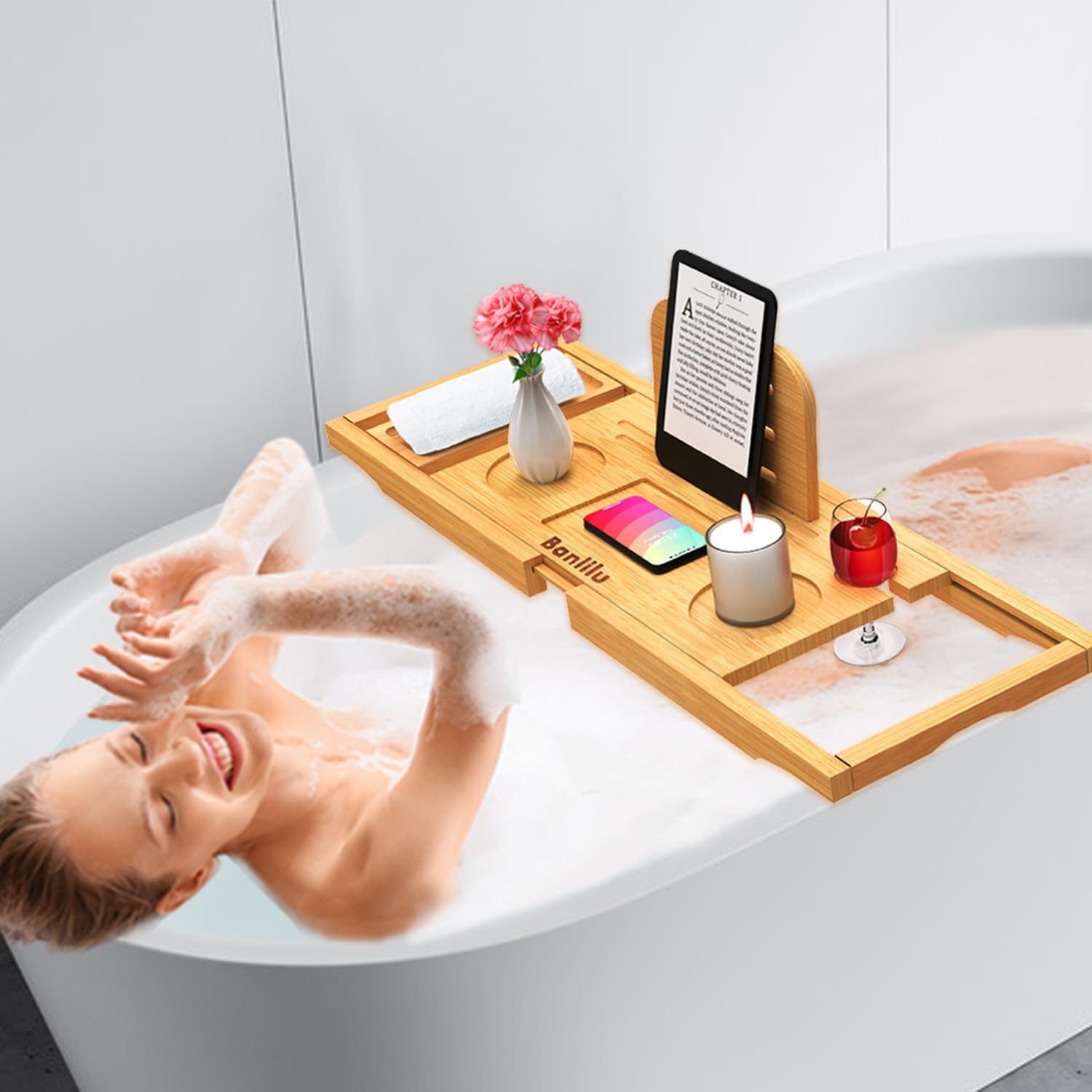Premium Bamboo Bathtub Tray Caddy - Bath Tub Tray Table for Bathtub - Bath Caddy Tray for Bathtub, Expandable Size, Fits Most Bath Tubs - Homesidy.com