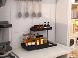 2 Pack Under Sink Organizer 2 Tier Sliding Cabinet Organizers Multi - Purpose Sink Storage Basket L - Shape Narrow Space Storage Shelves with 4 Hook for Kitchen Bathroom Drawer, Black - Homesidy.com