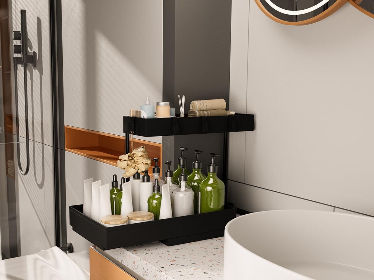 2 Pack Under Sink Organizer 2 Tier Sliding Cabinet Organizers Multi - Purpose Sink Storage Basket L - Shape Narrow Space Storage Shelves with 4 Hook for Kitchen Bathroom Drawer, Black - Homesidy.com