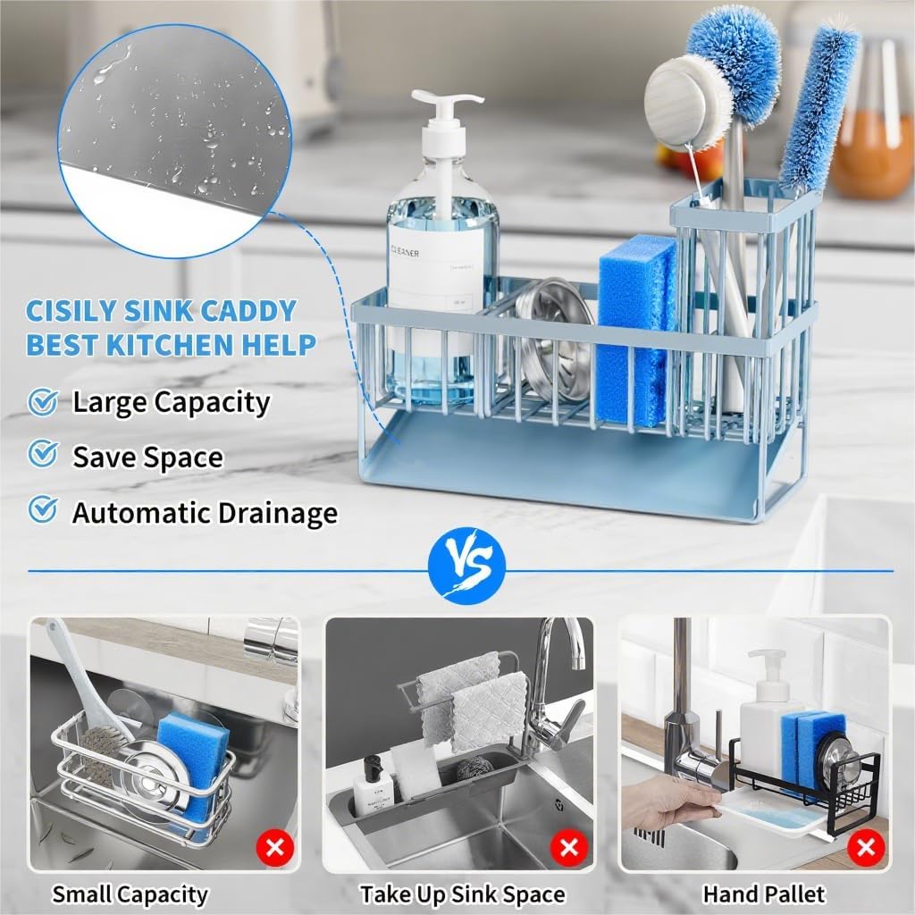 Cisily Kitchen Sink Caddy Organzier with High Brush Holder, Sponge Holder for Sink, 304 Rustproof Stainless, Kitchen Countertop Soap Dispenser Organizer, Kitchen Decor and Accessories - Homesidy.com