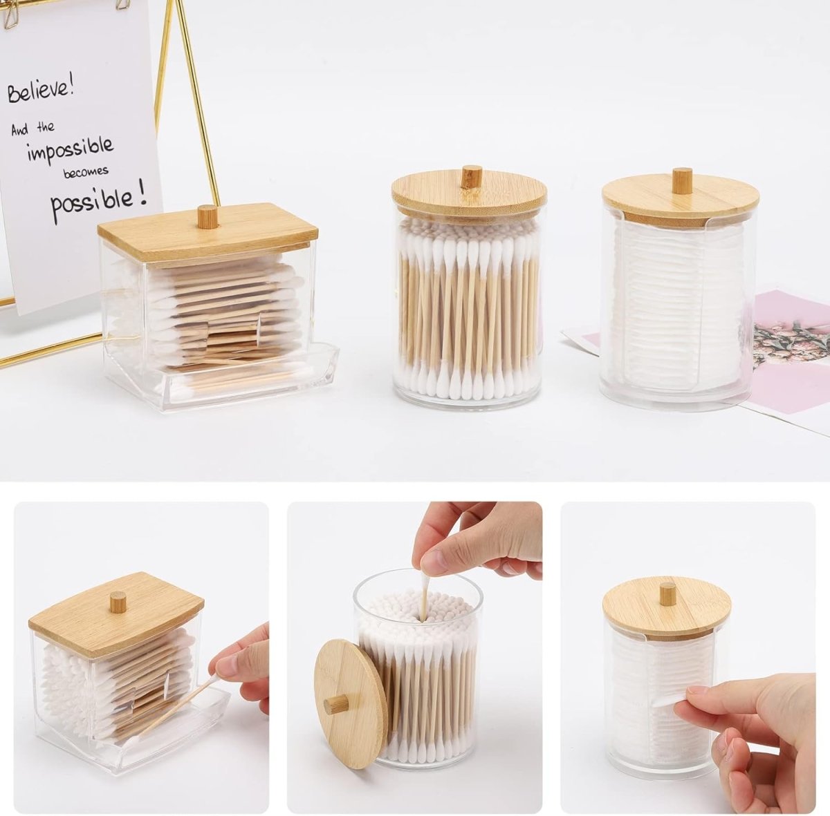 Tbestmax Qtips Holder Bathroom Container, 10 OZ Cotton Ball/Swabs Dispenser, Apothecary Jar Organizer for Storage Brown Wood Lids - Homesidy.com