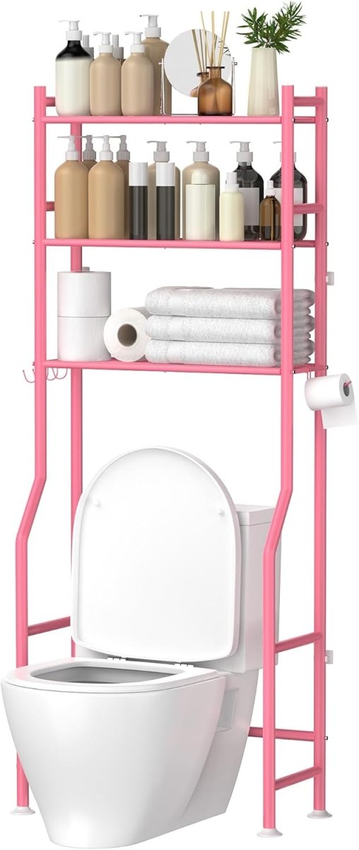 GloTika 3 - Tier Over The Toilet Storage, Space Saver Metal Bathroom Shelves, Freestanding Above Over Toilet Storage Shelf with 4 Hooks for Bathroom, Black - Homesidy.com