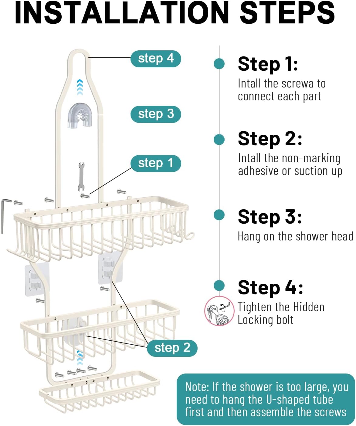 MSAICOE Shower Caddy Hanging - Never Rust Shower Hanging Organizer - Aluminum Over the ShowerHead Caddy with Soap Basket and 6 Hooks for Razor/Sponge (Black) - Homesidy.com