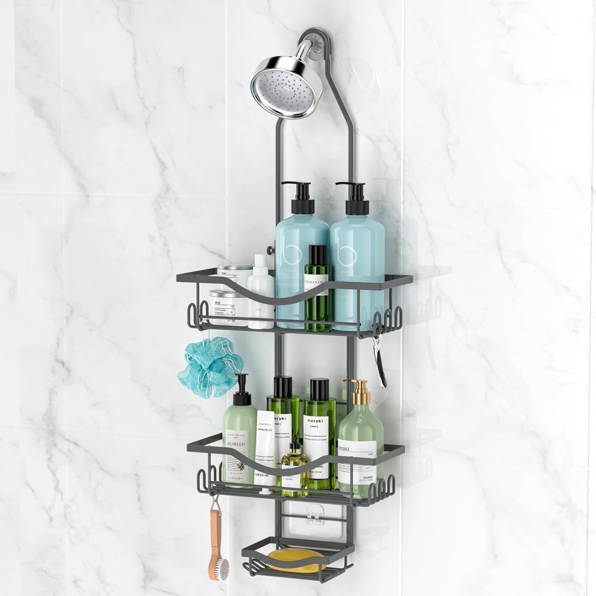 Shower Caddy Hanging Adjustable Shower Caddy, Rustproof Shower Organizer Extended Length Shower Caddy Over Shower Head with Hooks Soap Holder, Large Capacity Anti - Swing Bathroom Organizer, Black - Homesidy.com