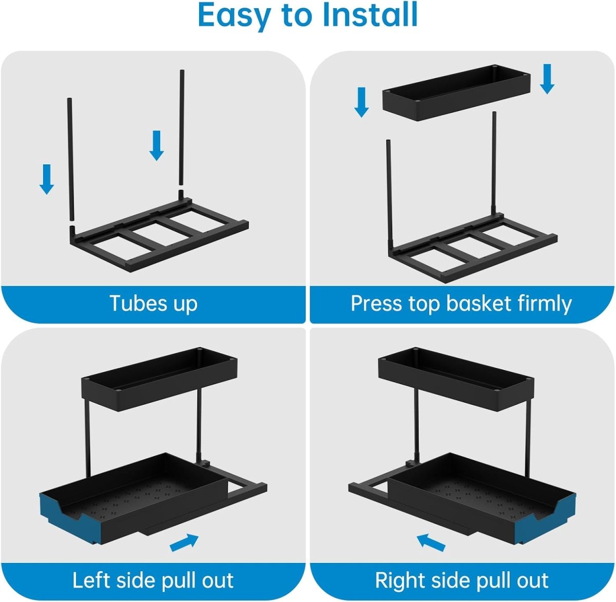 2 Pack Under Sink Organizer 2 Tier Sliding Cabinet Organizers Multi - Purpose Sink Storage Basket L - Shape Narrow Space Storage Shelves with 4 Hook for Kitchen Bathroom Drawer, Black - Homesidy.com