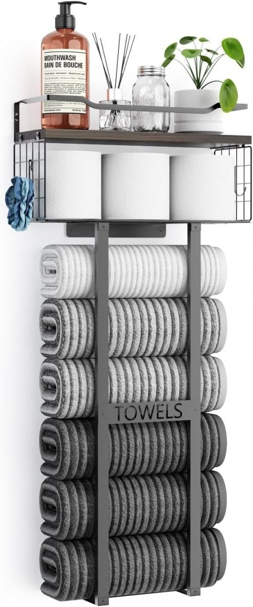 Aetyord Towel Racks for Bathroom 31inch Wall Mounted Towel Rack,Floating Shelf with Wood Plank,Towel Storage for Bathroom can Holds 6 Large Rolled Towels,All Black - Homesidy.com