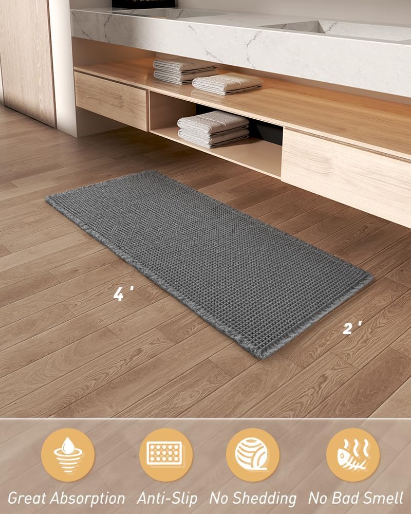 AMOAMI Upgraded Waffle Bath Mat, Super Absorbent Non Slip Bath Mats for Bathroom Floor, Machine Washable Bathroom Rugs with Tassels, Rubber Backed Bathroom Mats, Ultra Soft, 18&34; x 30&34;, Brown - Homesidy.com