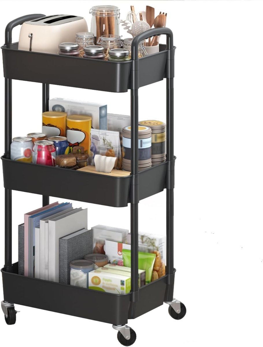 Sywhitta 3 - Tier Plastic Rolling Utility Cart with Handle, Multi - Functional Storage Trolley for Office, Living Room, Kitchen, Movable Storage Organizer with Wheels, White - Homesidy.com