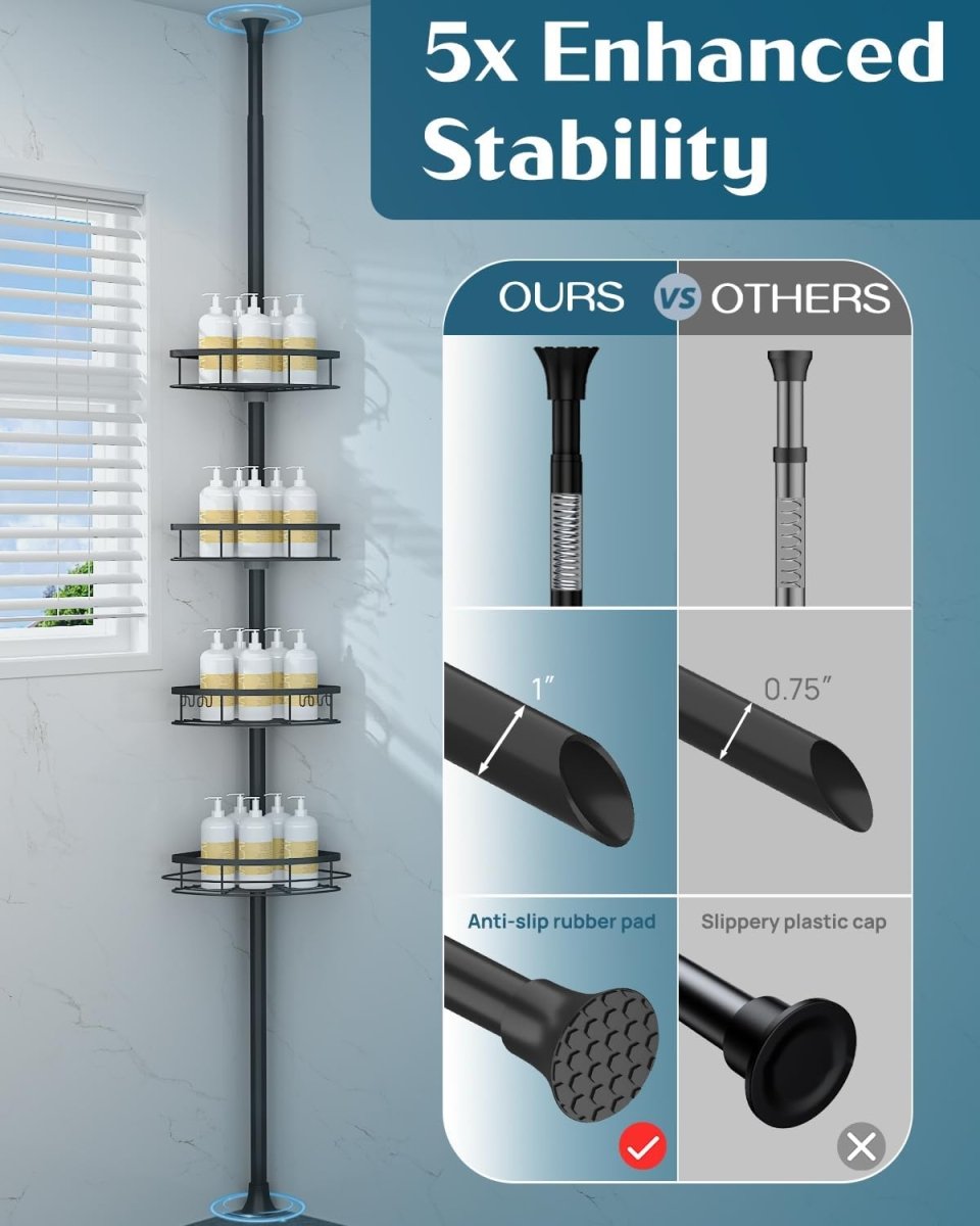 SEIRIONE Rustproof Shower Corner Caddy Organizer for Bathroom, 4 Adjustable Shelves with Tension Pole, for Bathtub Shampoo Accessories Storage Holder, 34 to 116 Inch Height - Homesidy.com