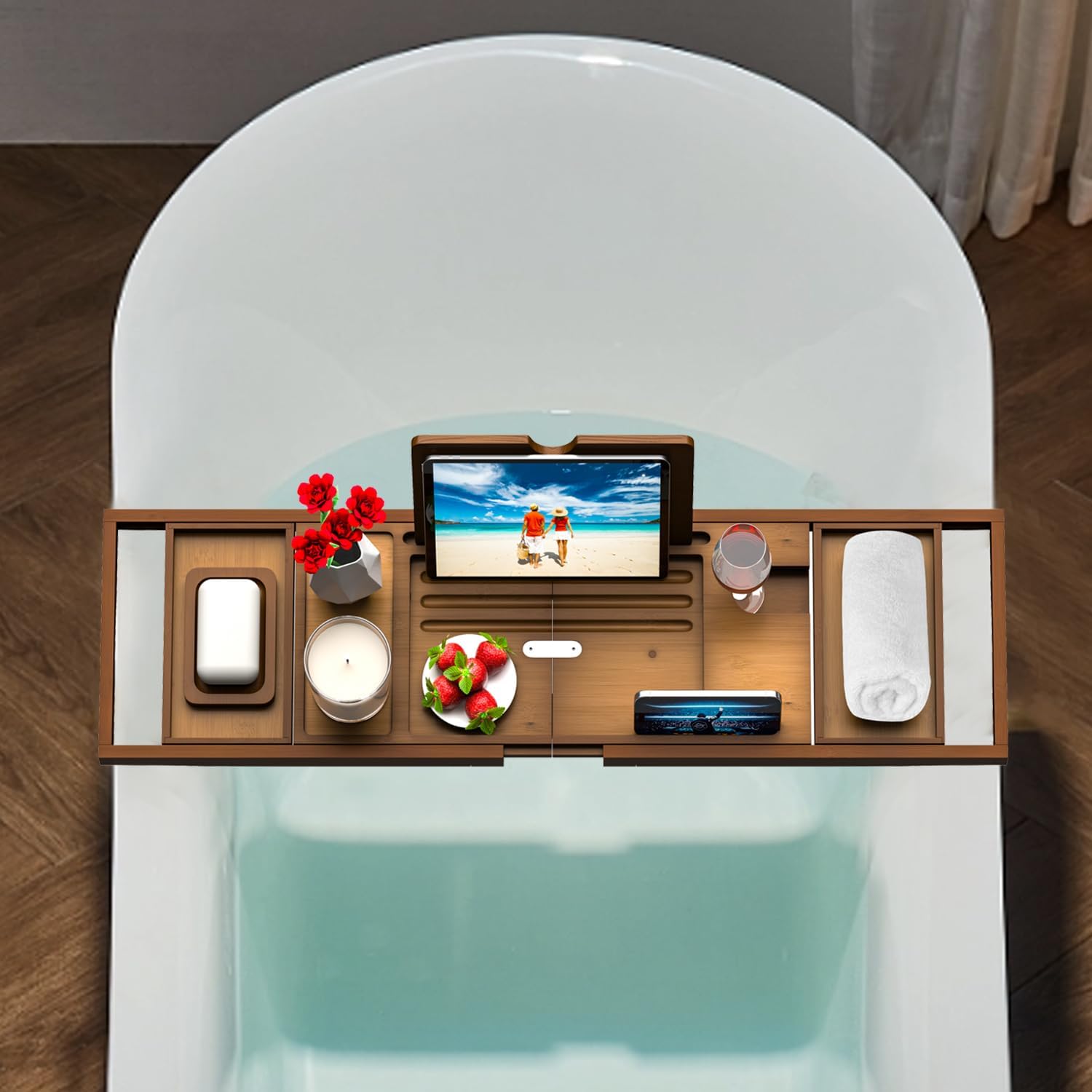 Premium Bamboo Bathtub Tray Caddy - Bath Tub Tray Table for Bathtub - Bath Caddy Tray for Bathtub, Expandable Size, Fits Most Bath Tubs - Homesidy.com
