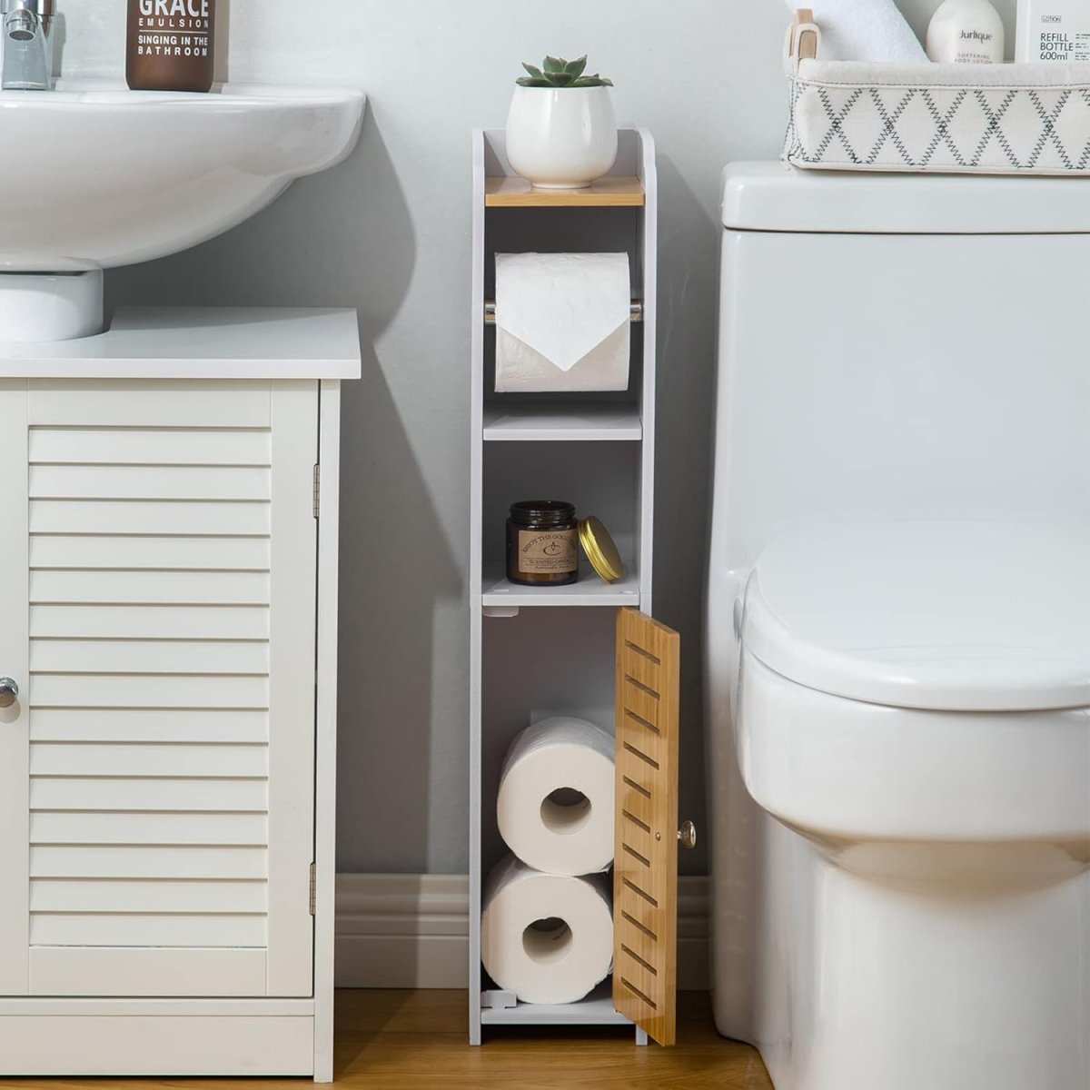 AOJEZOR Toilet Paper Holder Stand: No Drill PVC Small Bathroom Cabinet for Apartment Dwellers - Rental Deposit Protection - Small Space Storage Saving - Homesidy.com