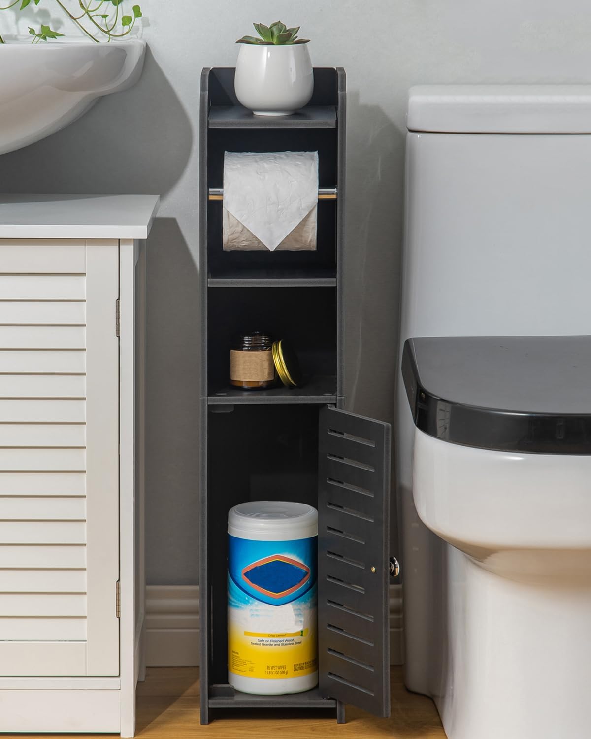 AOJEZOR Toilet Paper Holder Stand: No Drill PVC Small Bathroom Cabinet for Apartment Dwellers - Rental Deposit Protection - Small Space Storage Saving - Homesidy.com