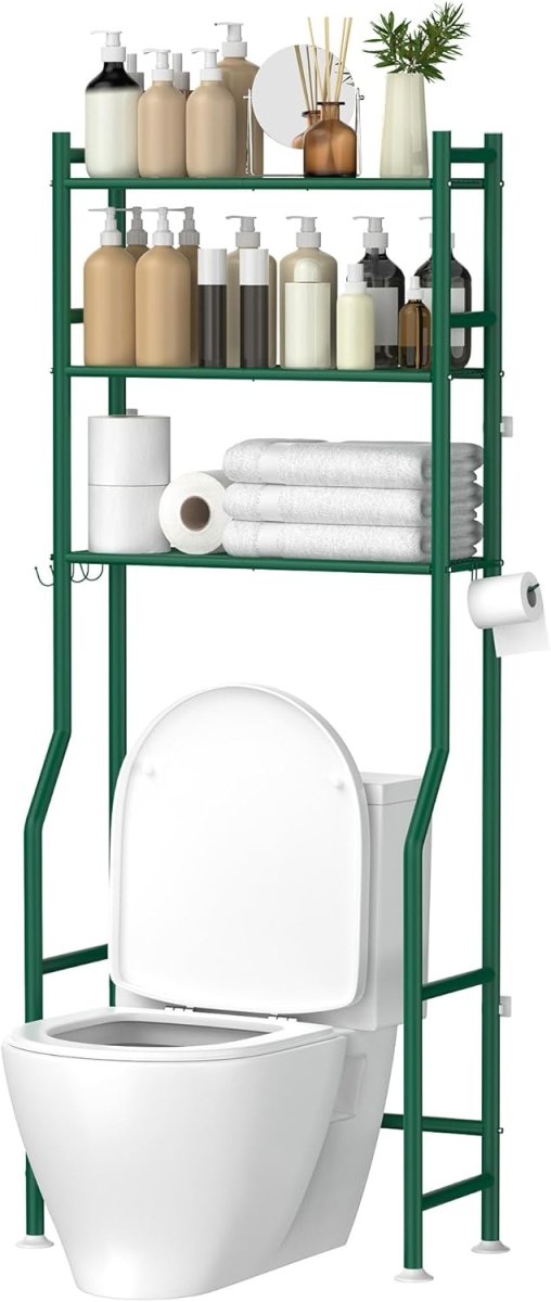 GloTika 3 - Tier Over The Toilet Storage, Space Saver Metal Bathroom Shelves, Freestanding Above Over Toilet Storage Shelf with 4 Hooks for Bathroom, Black - Homesidy.com