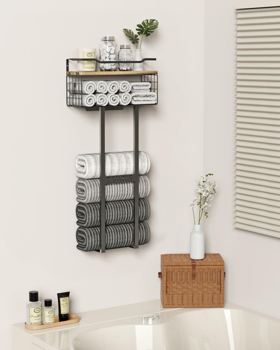 Aetyord Towel Racks for Bathroom 31inch Wall Mounted Towel Rack,Floating Shelf with Wood Plank,Towel Storage for Bathroom can Holds 6 Large Rolled Towels,All Black - Homesidy.com