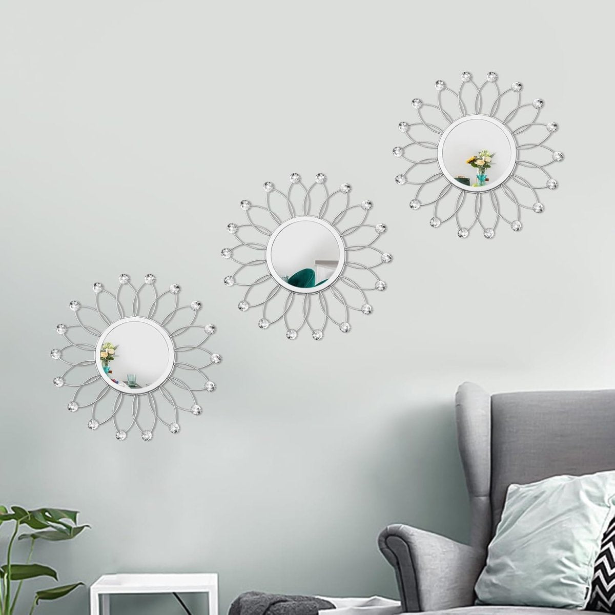 3 Pack Metal Mirrors for Wall Sunburst Wall Mirrors Home Décor Decorative Hanging Wall Art for Living Room Bedroom Entryway (Gold, Flower Sunburst) - Homesidy.com